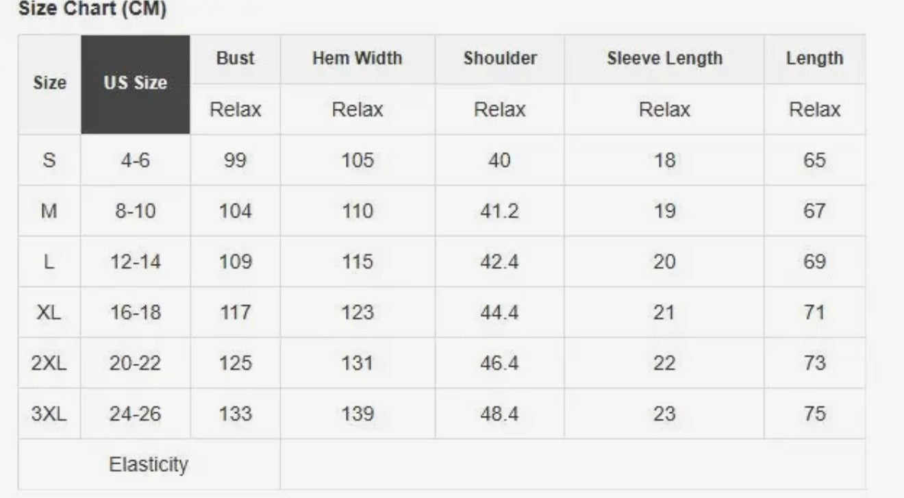 Size chart showing US size, bust, hem width, shoulder, sleeve length, and length measurements in centimeters.