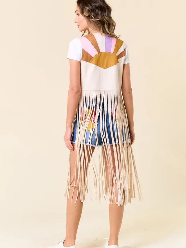 Faux Suede Long Fringe Western Vest