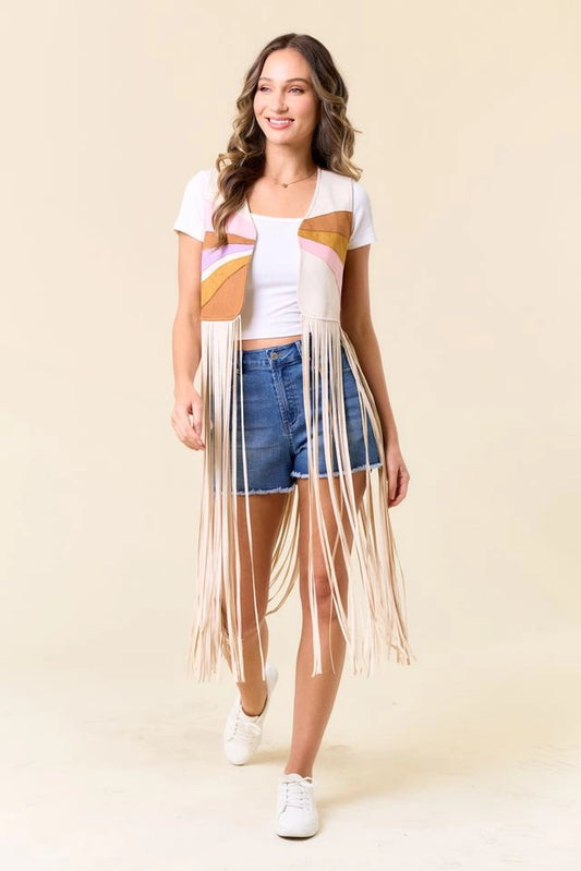 Faux Suede Long Fringe Western Vest