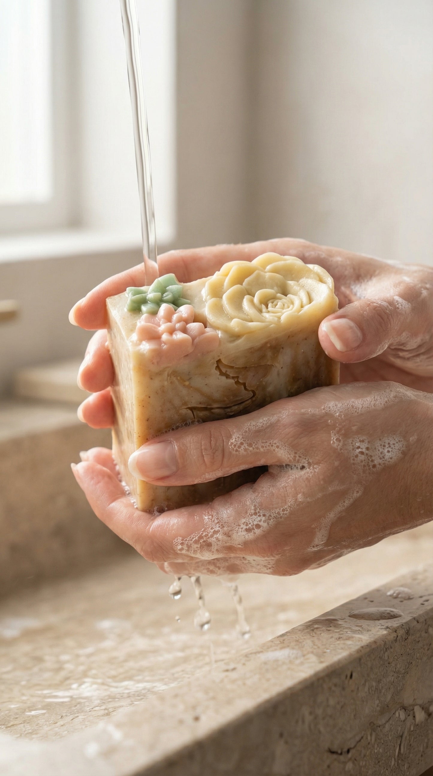 Person washing her hands with a bar of soap under running water.