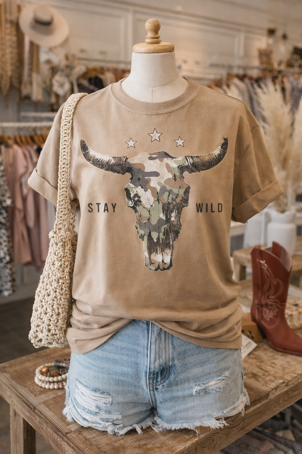 Mannequin wearing a mineral taupe t-shirt with a longhorn bull skull graphic and 'Stay Wild' text, paired with denim shorts in a store setting.