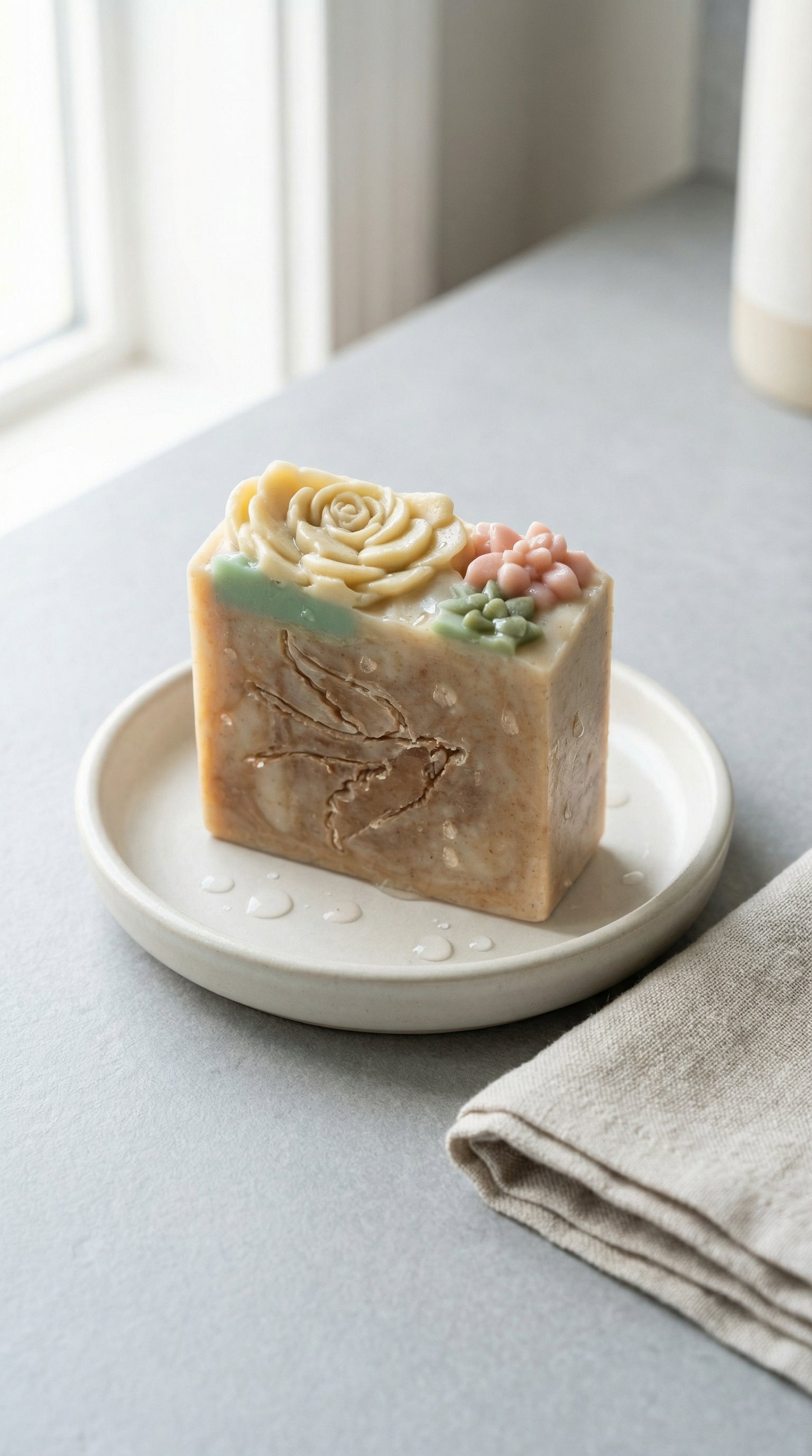 Decorative soap bar on a white plate with a neutral background