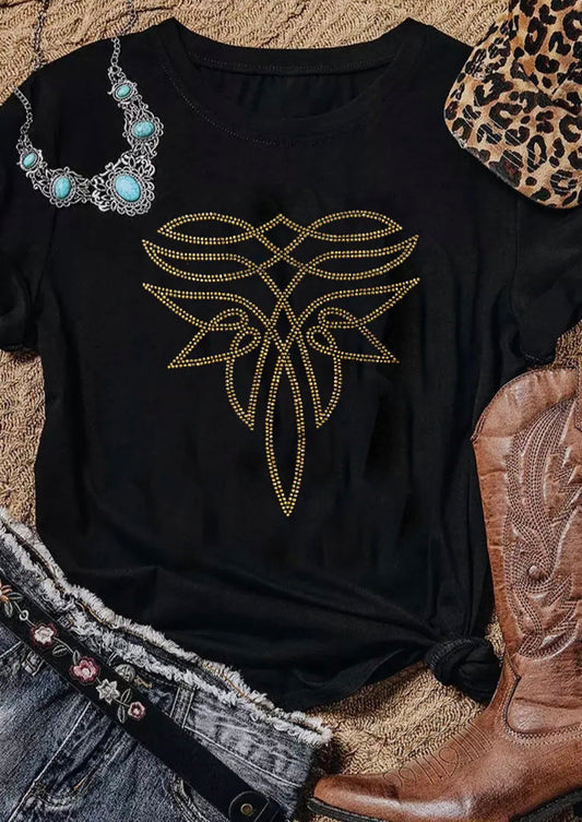 Boot Stitch Rhinestone Western Pattern Cotton Blend Graphic T Shirt
