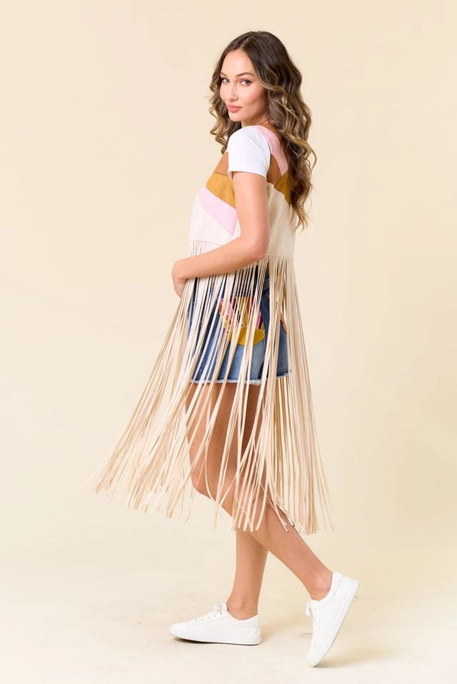 Faux Suede Long Fringe Western Vest