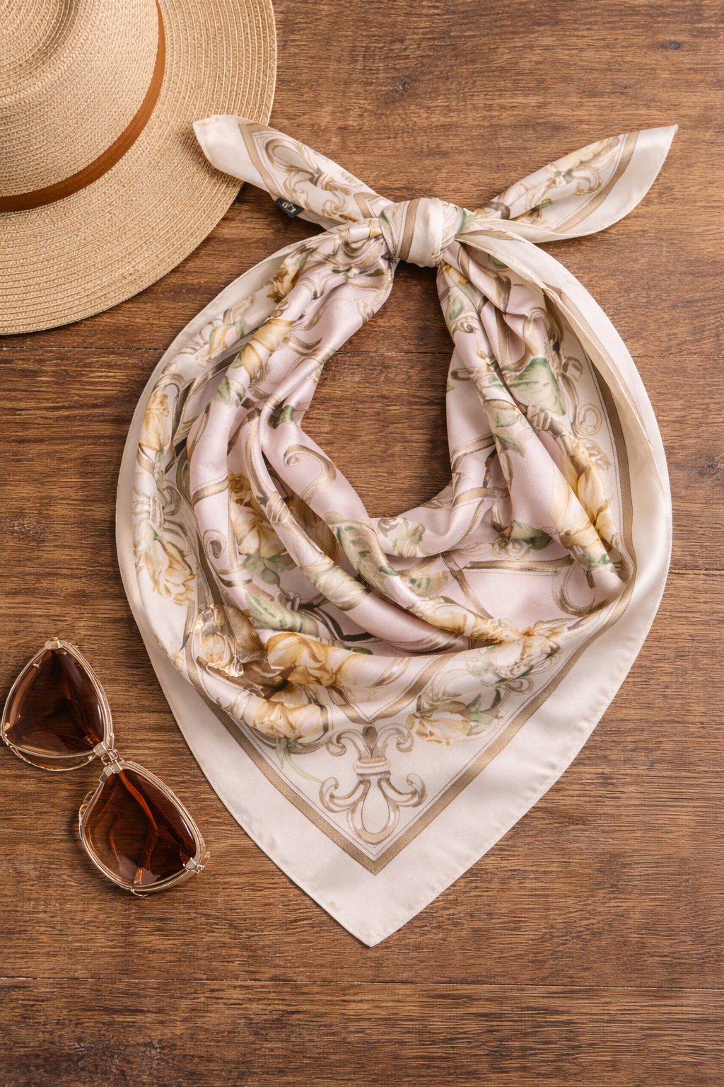 Rose floral patterned silk scarf tied in a knot with sunglasses and a hat on a wooden surface